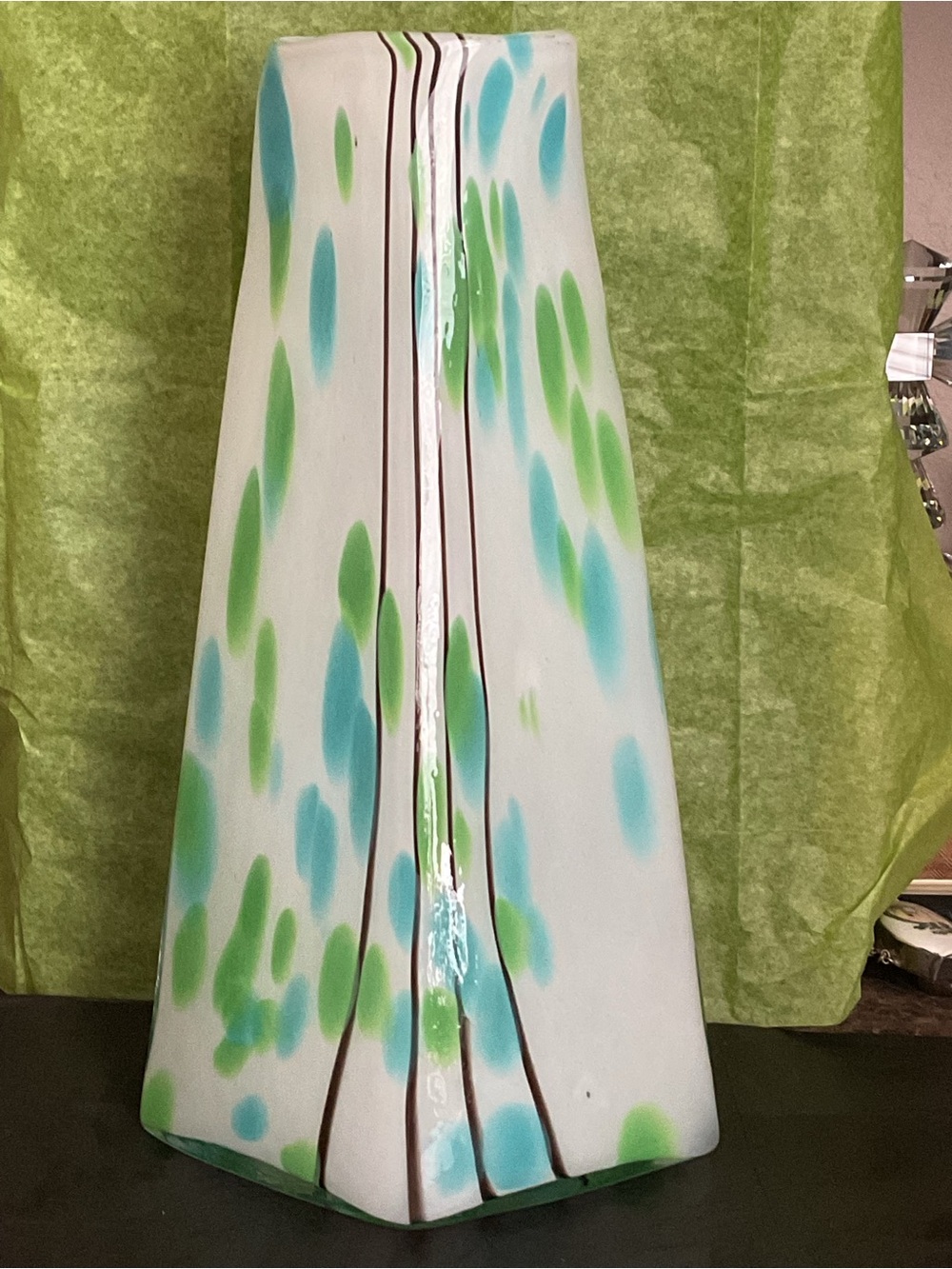 Global Views White Ceramic Vase with Aqua and Lime Green Spots